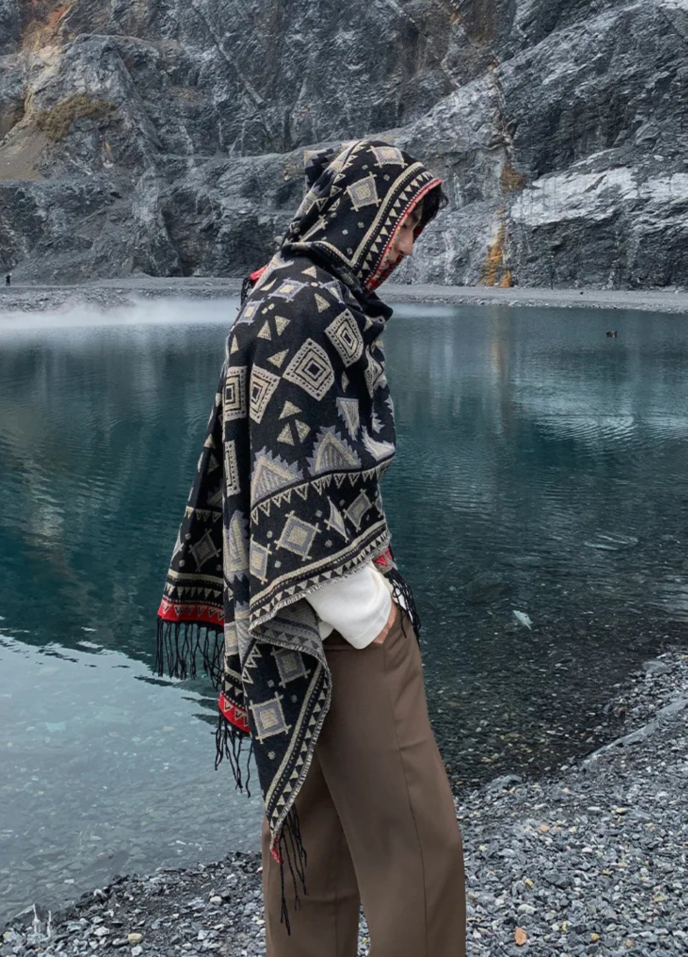 Black Tribal Poncho with Hood | Geometric Boho Cape