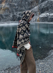 Black Tribal Poncho with Hood | Geometric Boho Cape