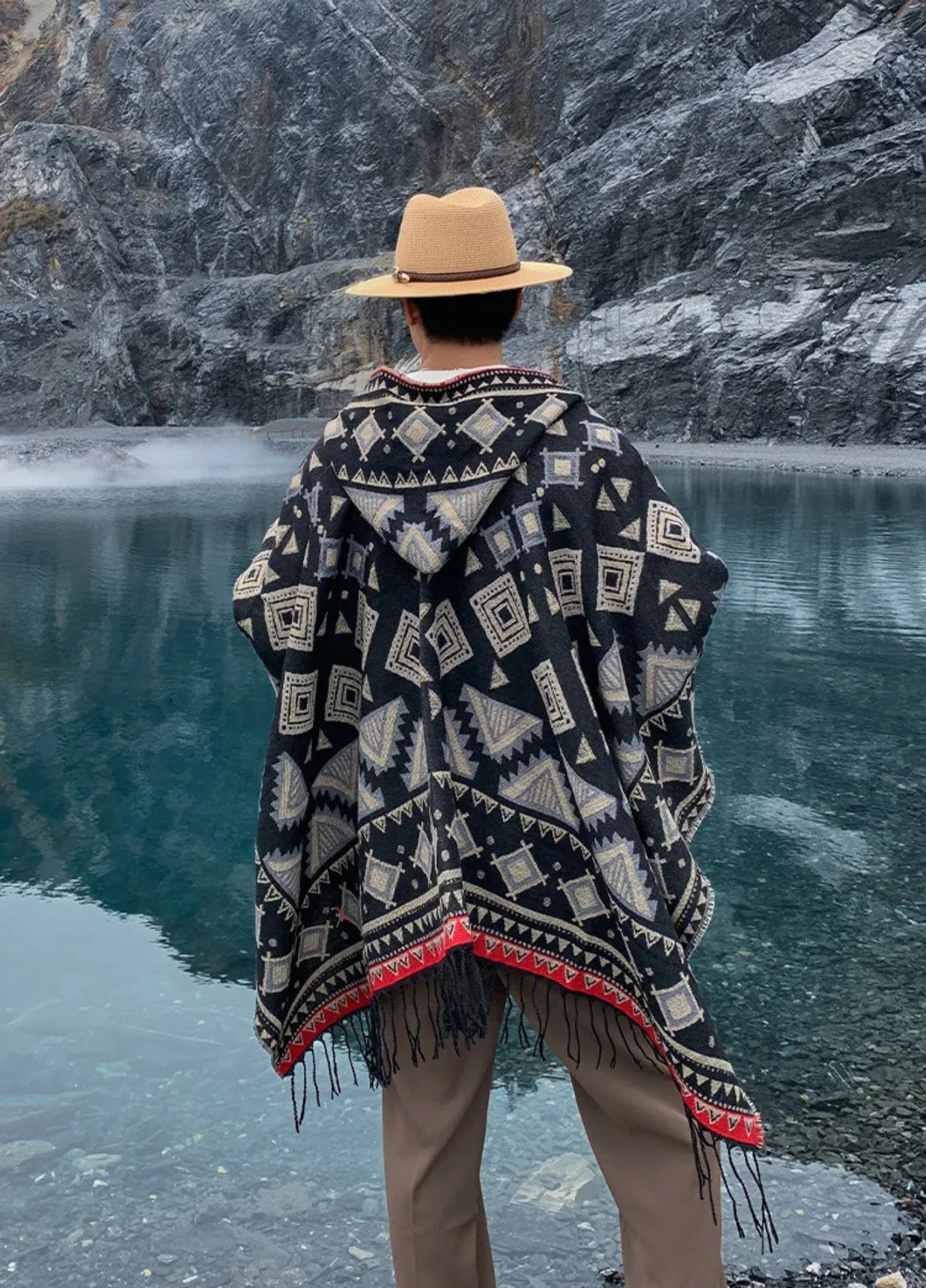 Black Tribal Poncho with Hood | Geometric Boho Cape
