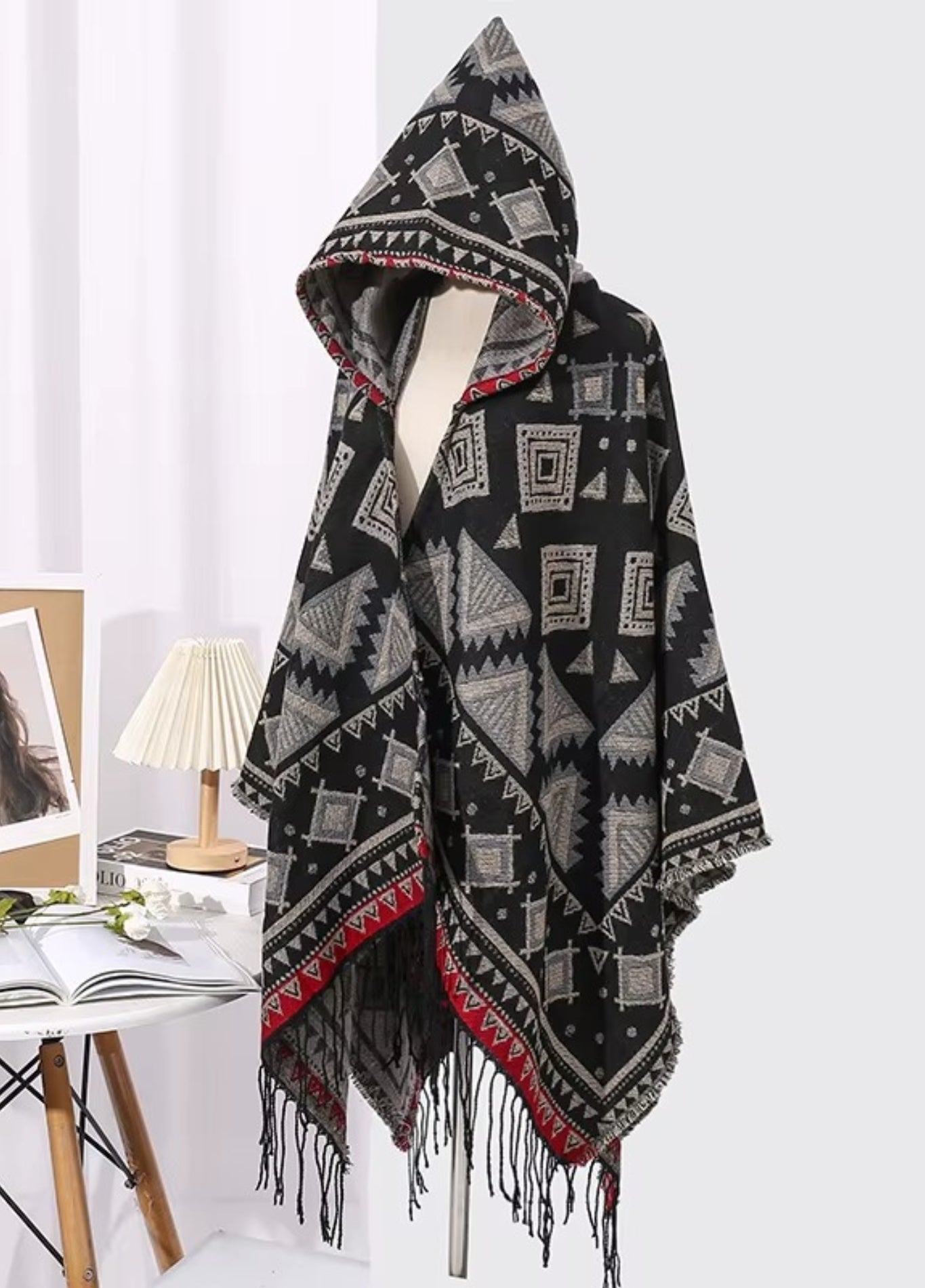 Black Tribal Poncho with Hood | Geometric Boho Cape