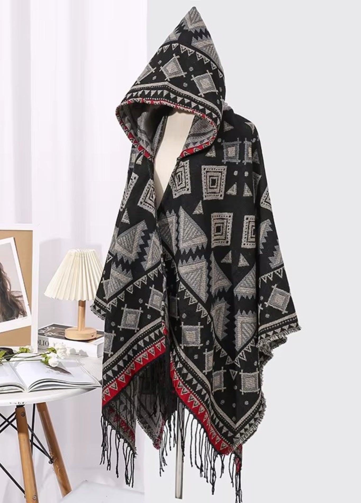 Black Tribal Poncho with Hood | Geometric Boho Cape