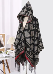 Black Tribal Poncho with Hood | Geometric Boho Cape