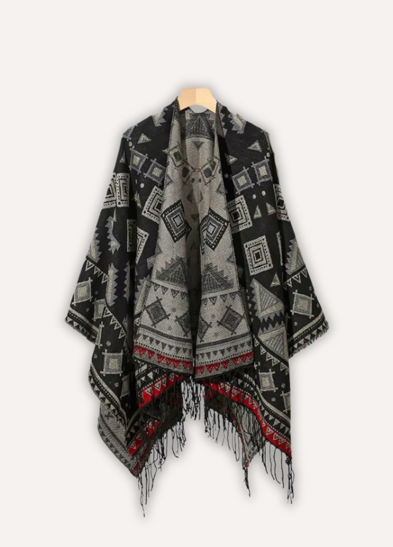 Black Tribal Poncho with Hood | Geometric Boho Cape