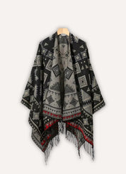 Black Tribal Poncho with Hood | Geometric Boho Cape