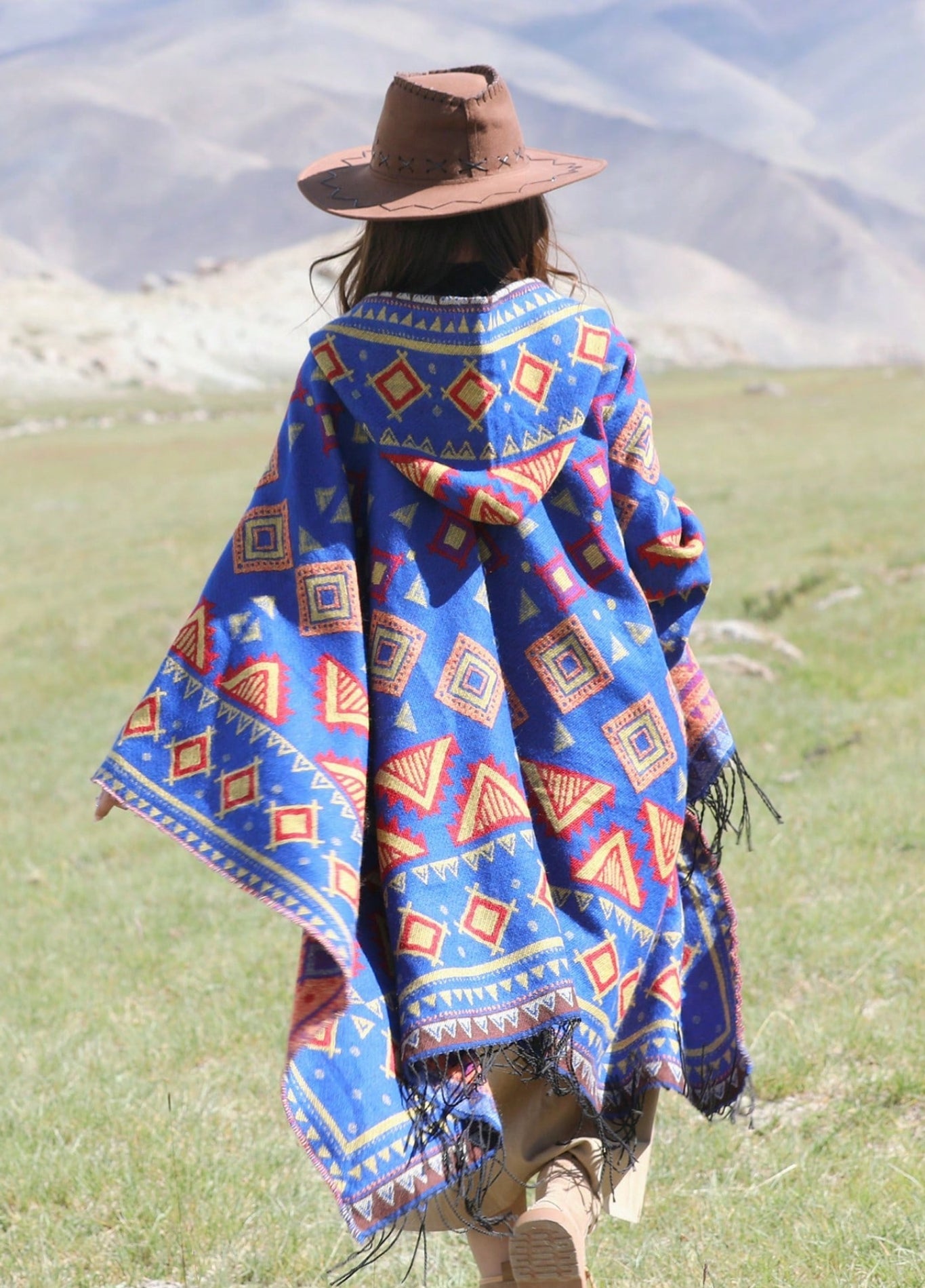 Royal Blue Tribal Hooded Poncho | Altaïa