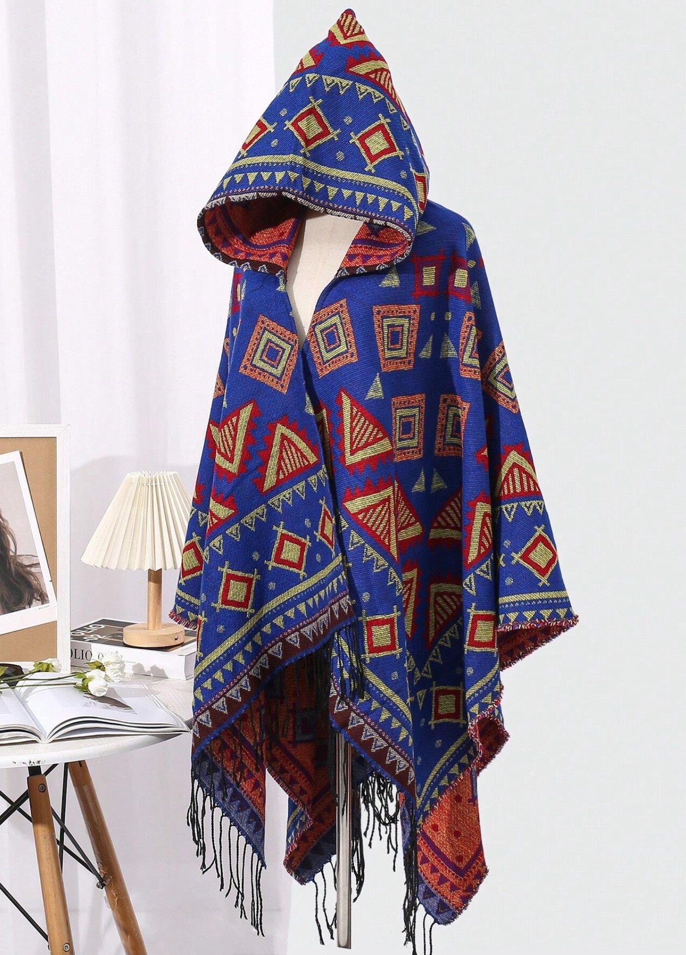 Royal Blue Tribal Hooded Poncho | Altaïa