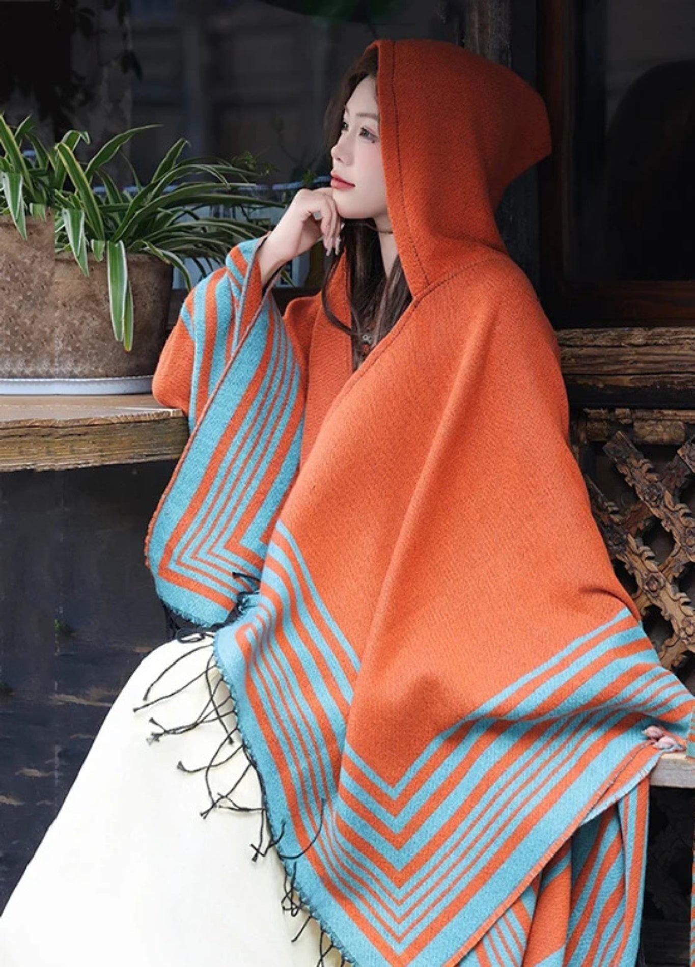 Hooded Striped Poncho with Fringes | Eldoria