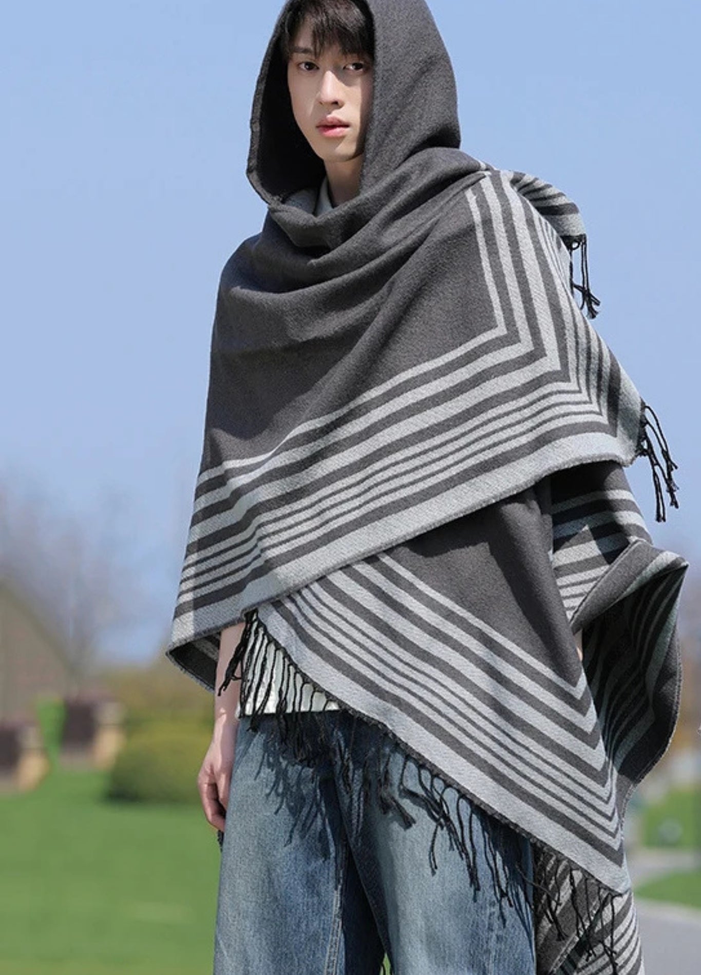 Hooded Striped Poncho with Fringes | Eldoria