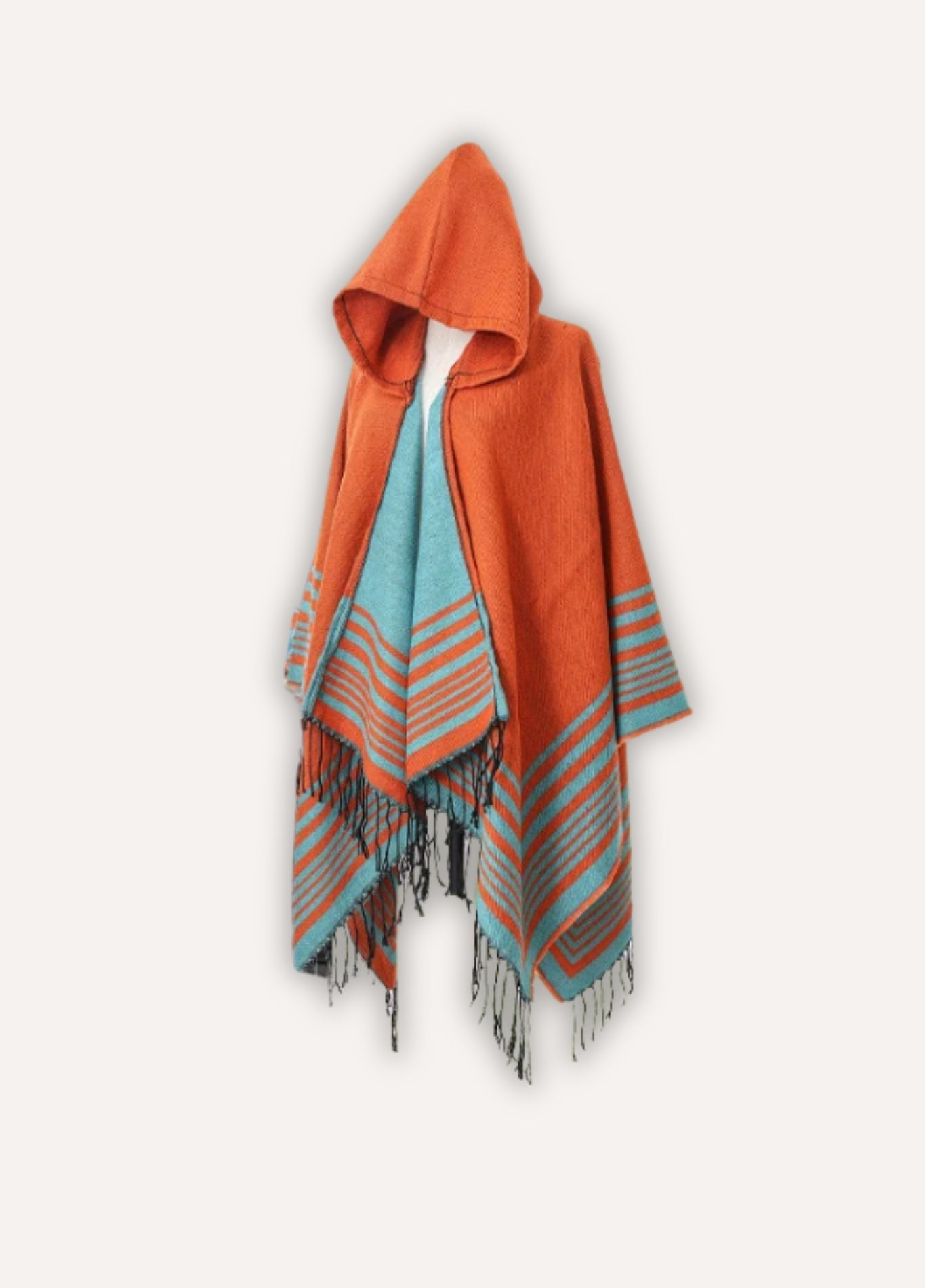 Hooded Striped Poncho with Fringes | Eldoria
