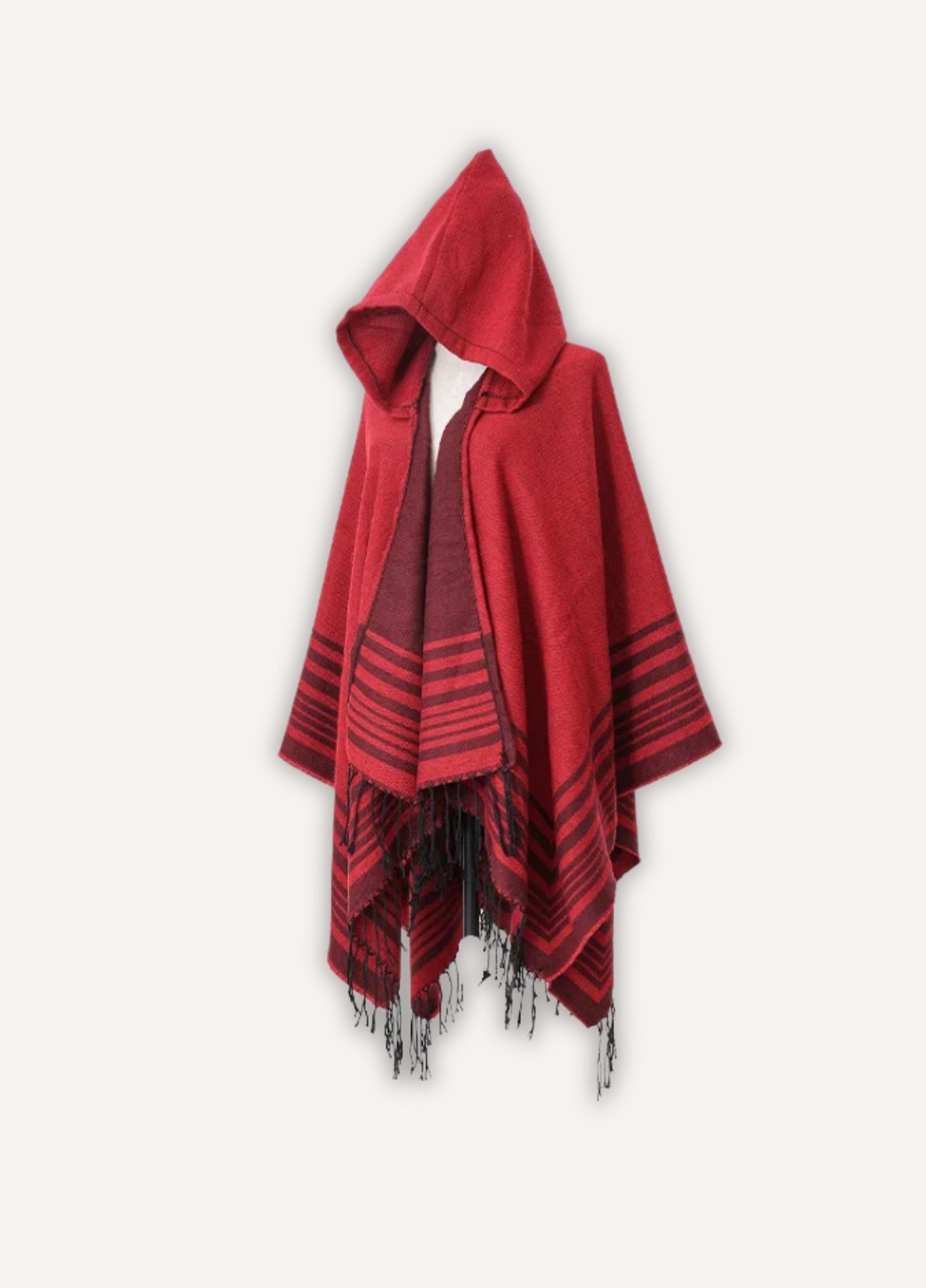 Hooded Striped Poncho with Fringes | Eldoria
