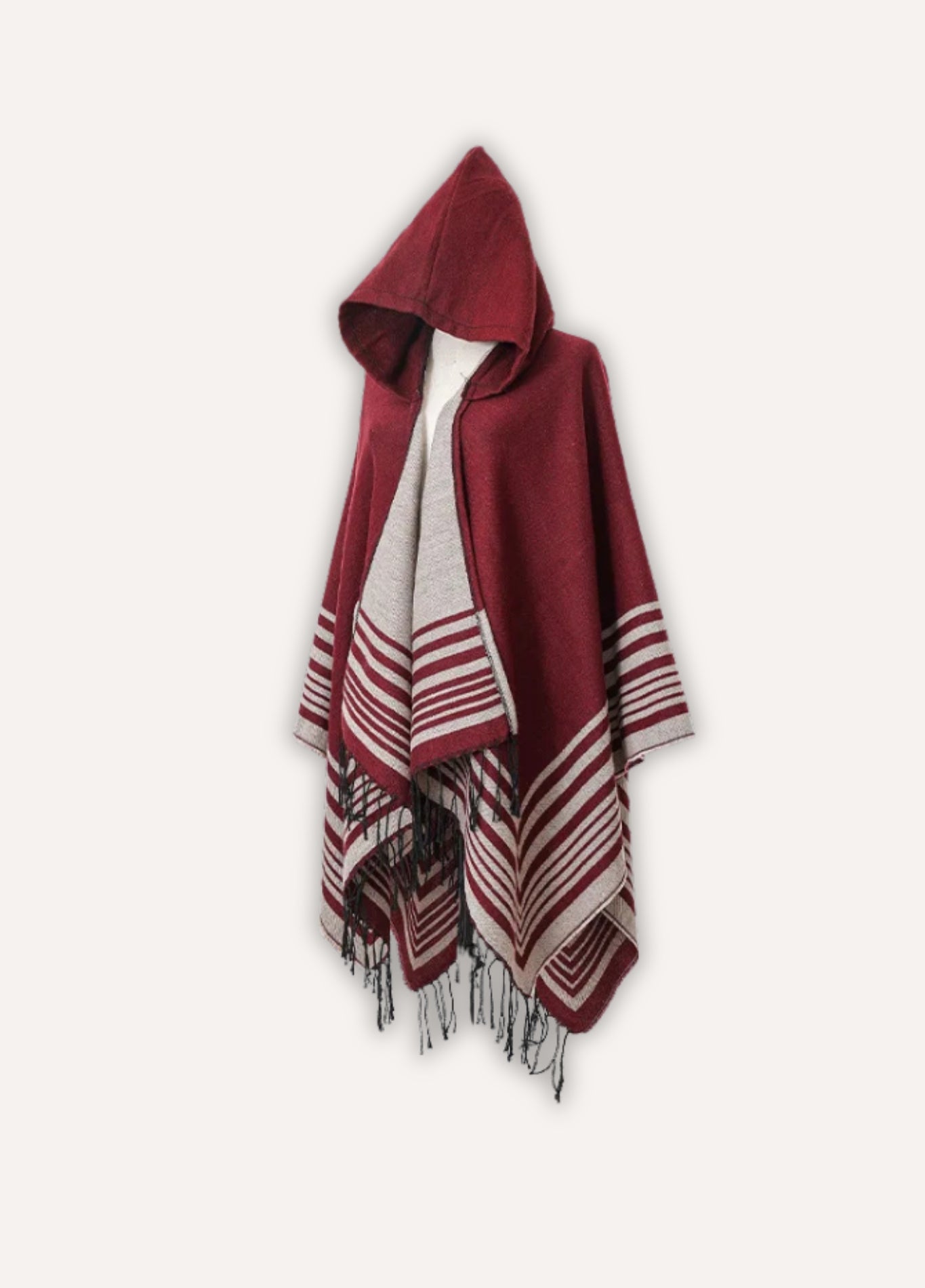 Hooded Striped Poncho with Fringes | Eldoria