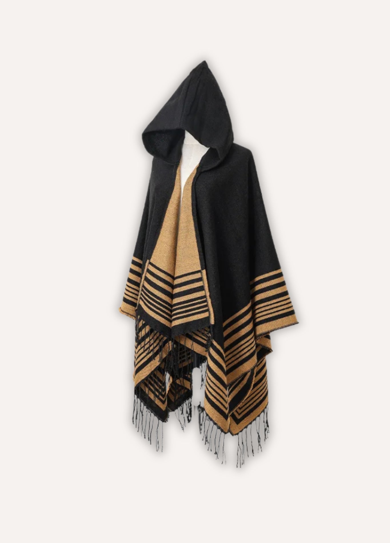 Hooded Striped Poncho with Fringes | Eldoria