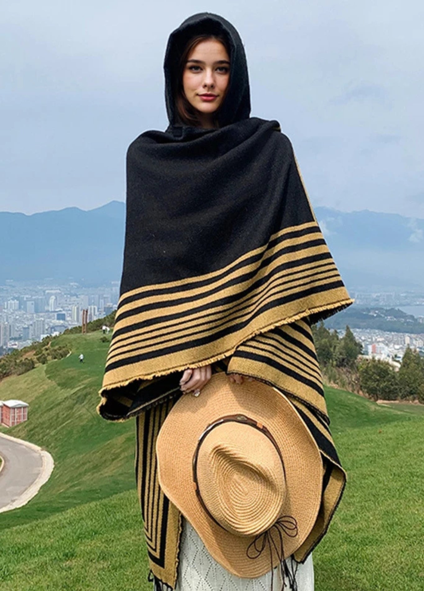 Hooded Striped Poncho with Fringes | Eldoria
