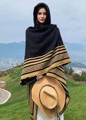 Hooded Striped Poncho with Fringes | Eldoria