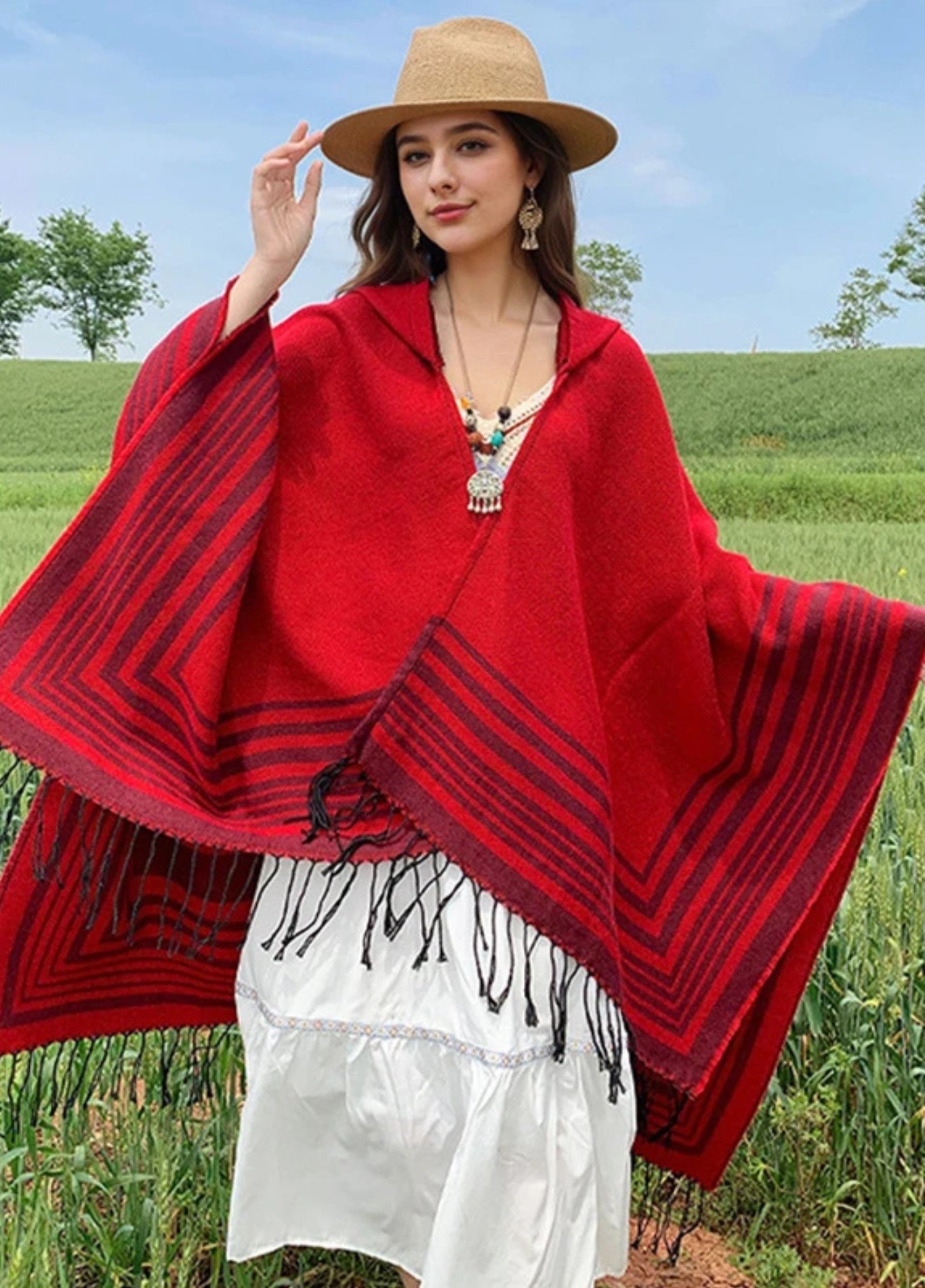 Hooded Striped Poncho with Fringes | Eldoria