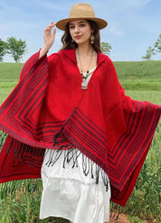 Hooded Striped Poncho with Fringes | Eldoria