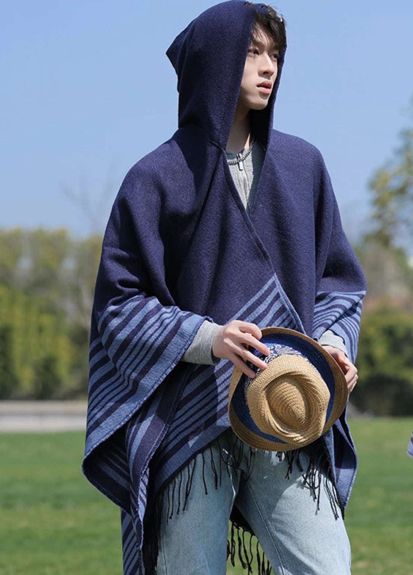 Hooded Striped Poncho with Fringes | Eldoria