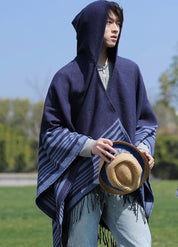 Hooded Striped Poncho with Fringes | Eldoria