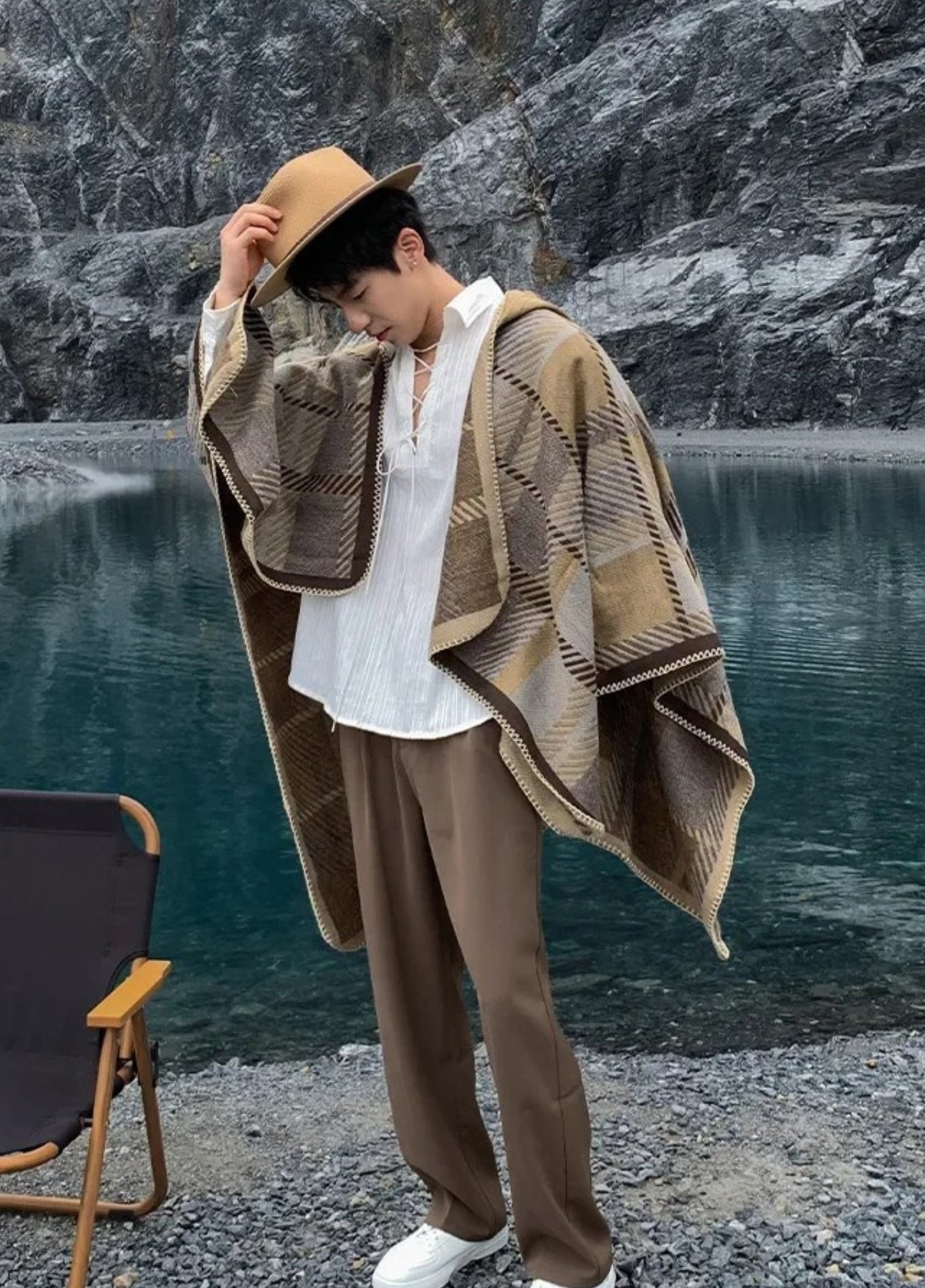 Men’s Cashmere Blend Poncho with Check Pattern