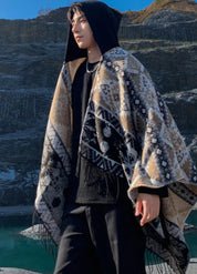 Geometric hooded poncho with tassel finish | Thorn