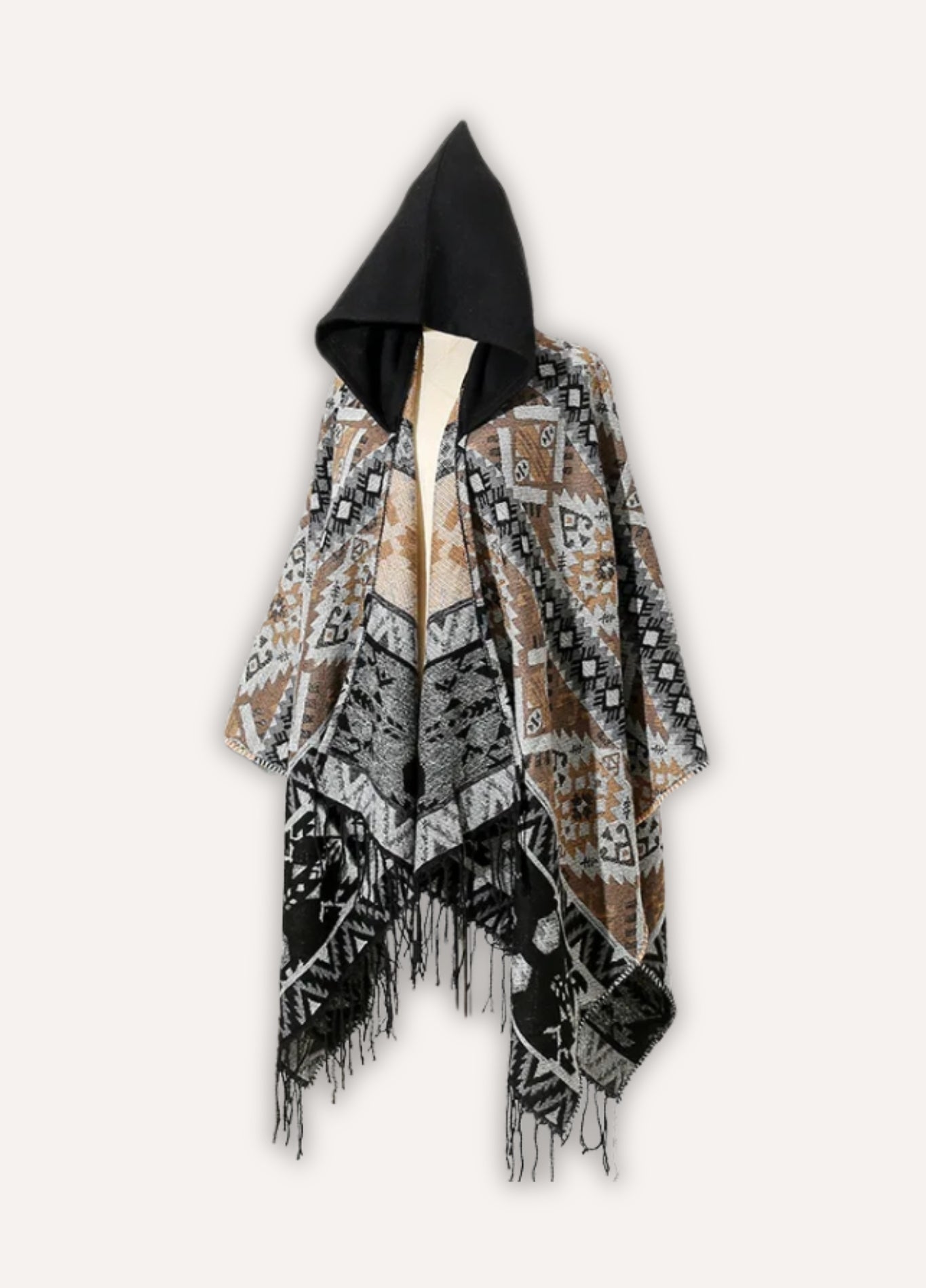 Geometric hooded poncho with tassel finish | Thorn
