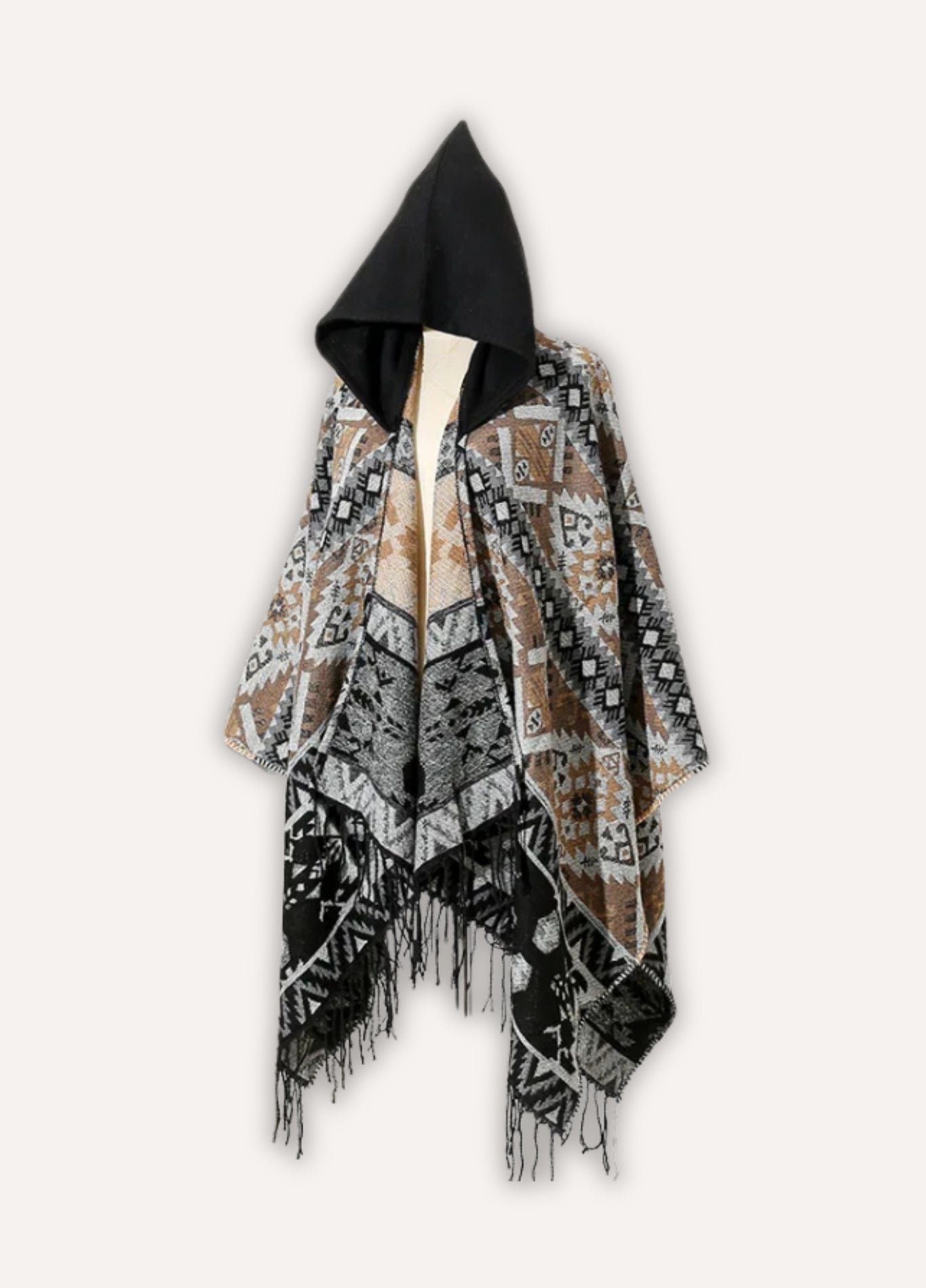 Geometric hooded poncho with tassel finish | Thorn