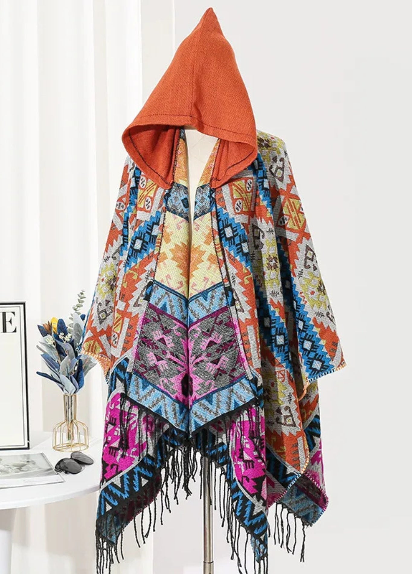 Men’s poncho with hood in multicolour ethnic design
