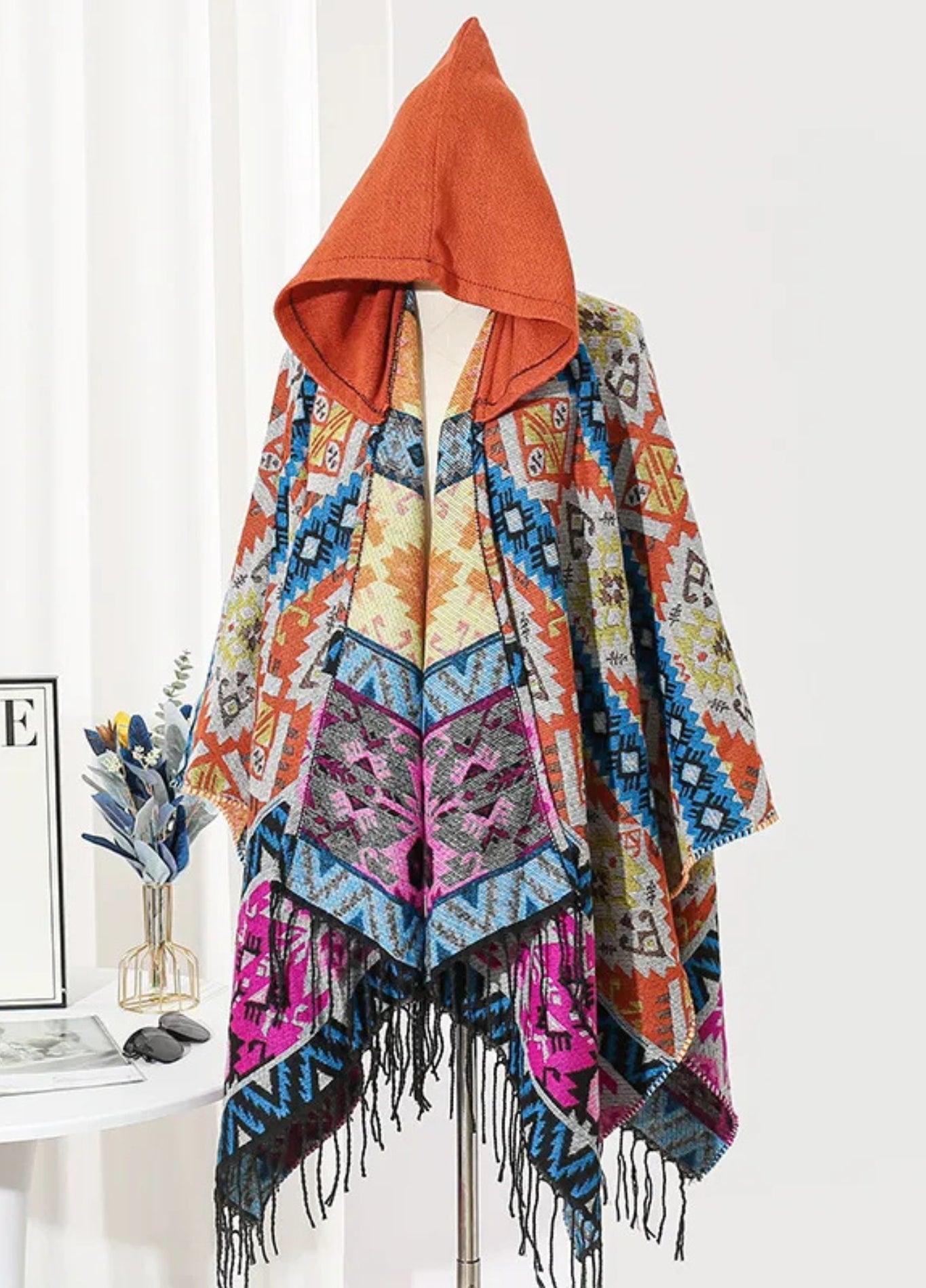 Men’s poncho with hood in multicolour ethnic design