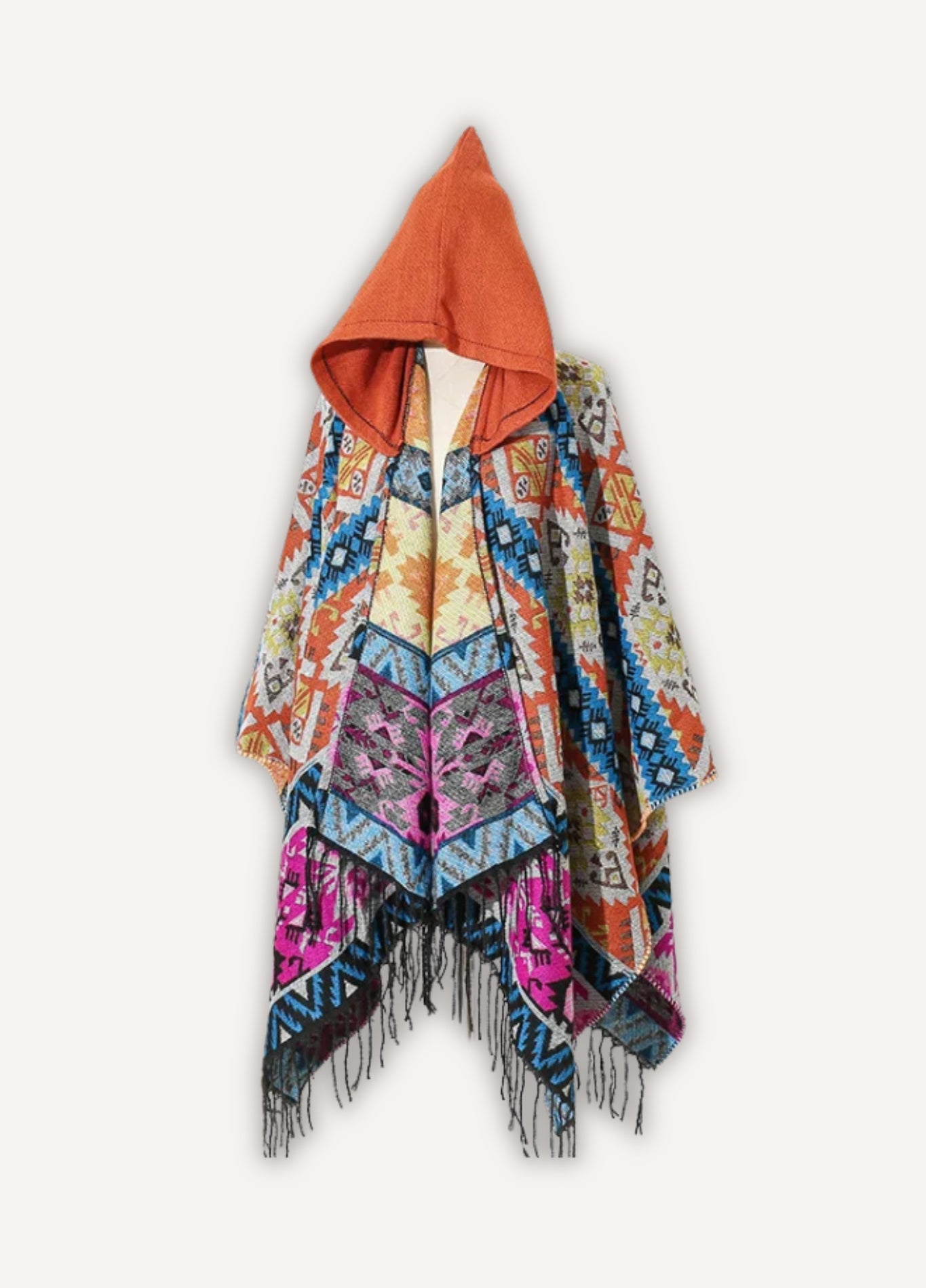 Men’s poncho with hood in multicolour ethnic design