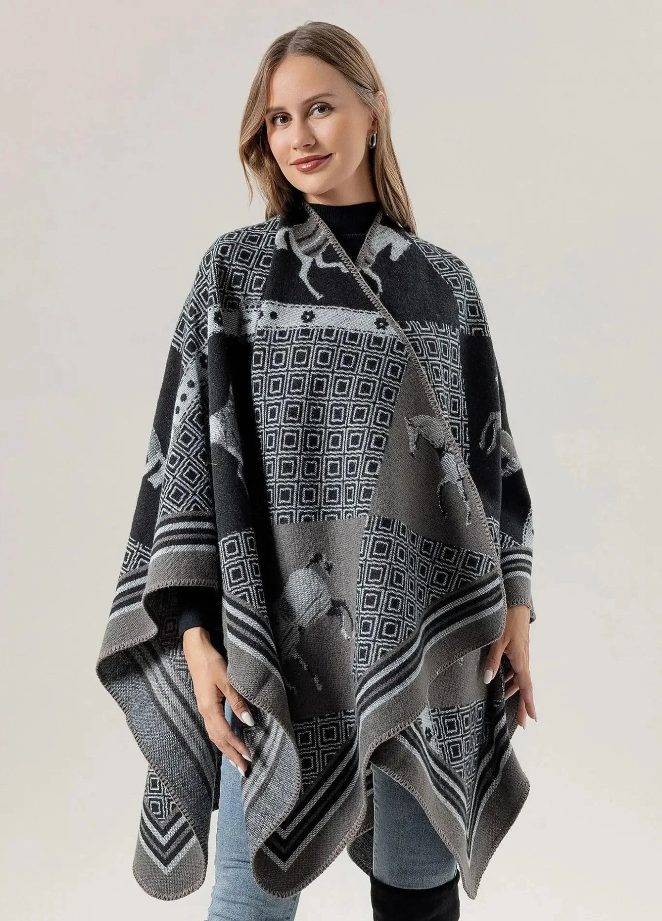 Black Knit Poncho for Women | Equestra