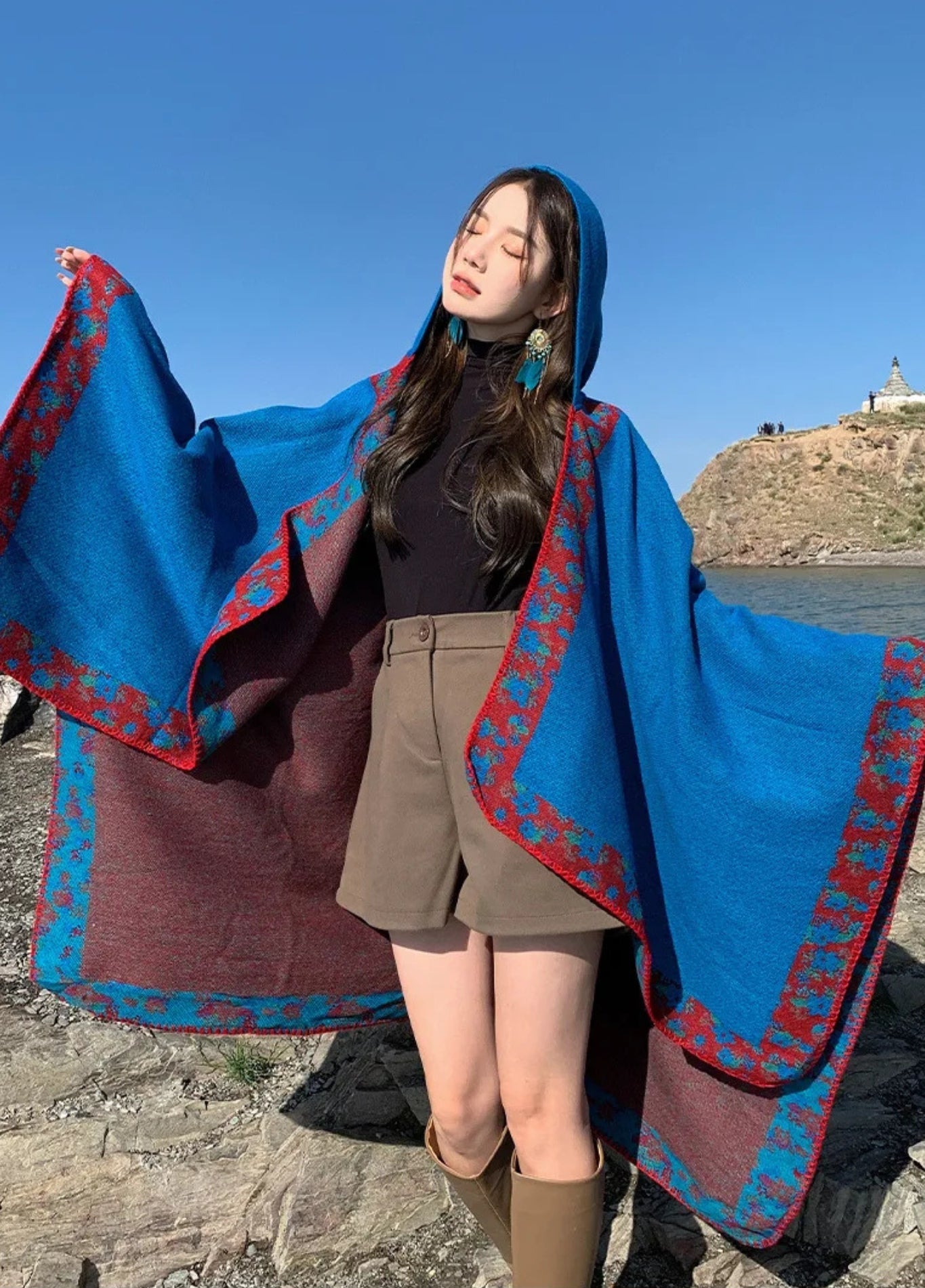 Bohemian Blue Hooded Poncho Cape for Women