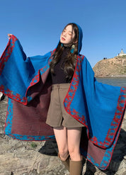 Bohemian Blue Hooded Poncho Cape for Women