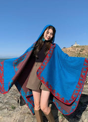 Bohemian Blue Hooded Poncho Cape for Women
