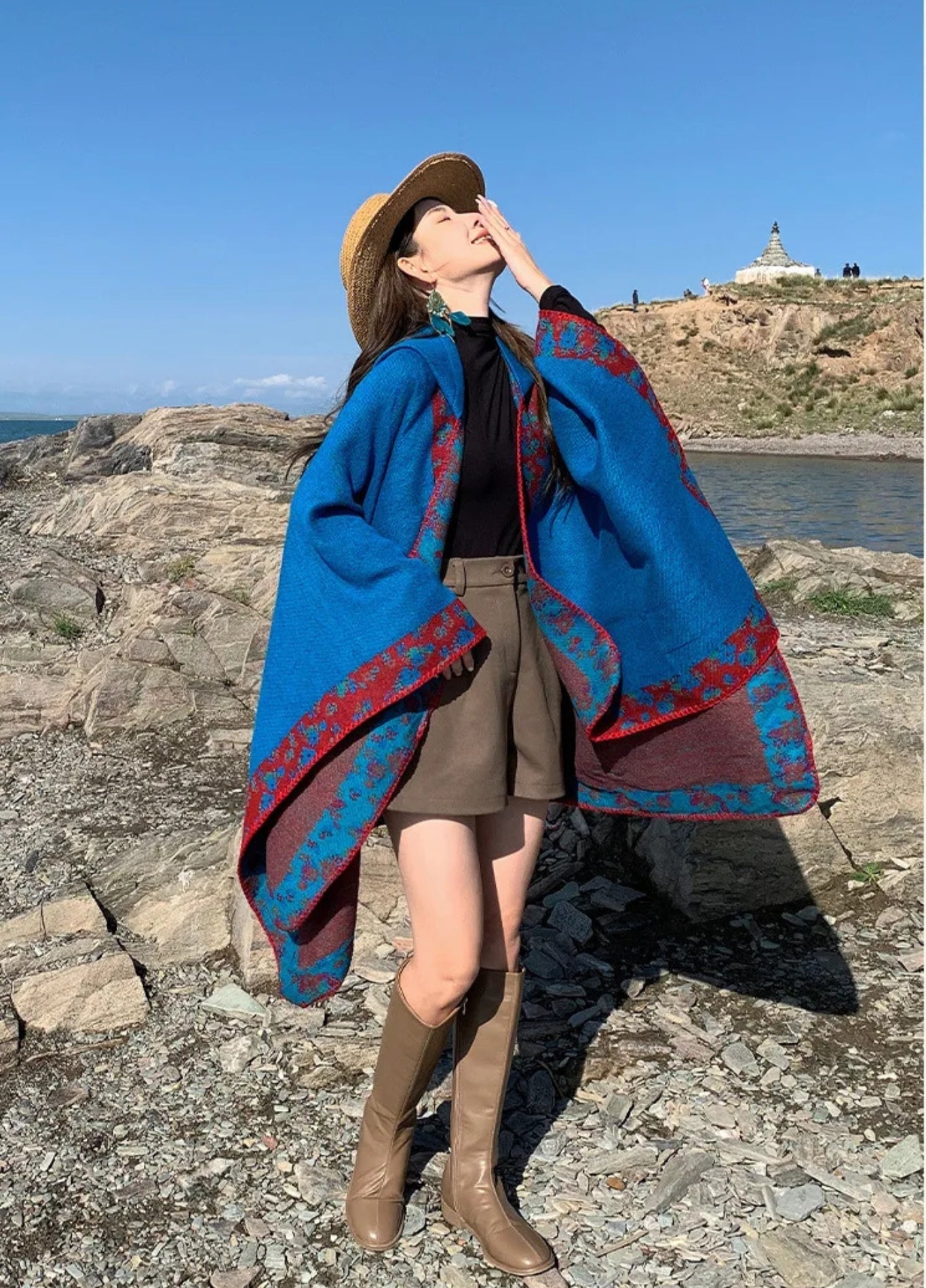 Bohemian Blue Hooded Poncho Cape for Women