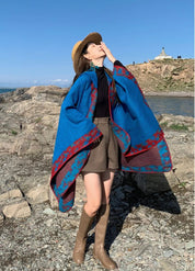 Bohemian Blue Hooded Poncho Cape for Women
