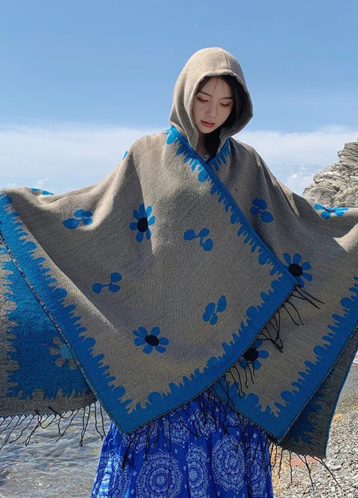 Bohemian Poncho with Floral Woven Detailing | Auren