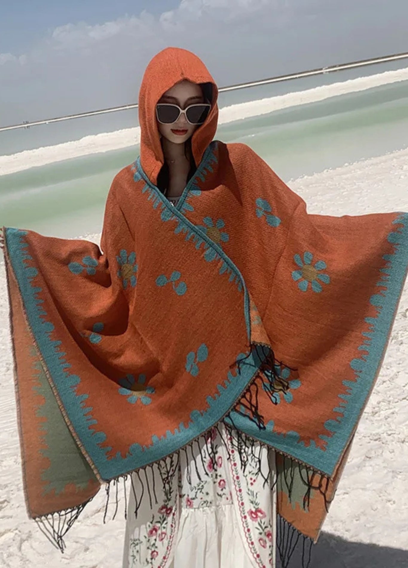 Bohemian Poncho with Floral Woven Detailing | Auren