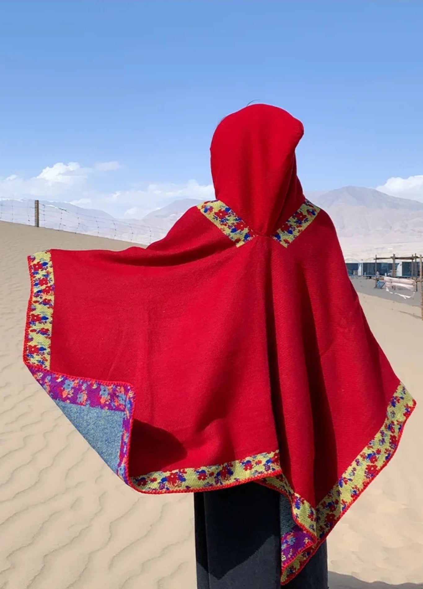 Red Bohemian Hooded Poncho | Soft Cashmere-Feel Wrap