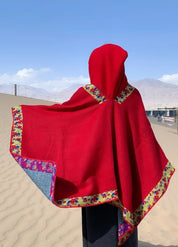 Red Bohemian Hooded Poncho | Soft Cashmere-Feel Wrap