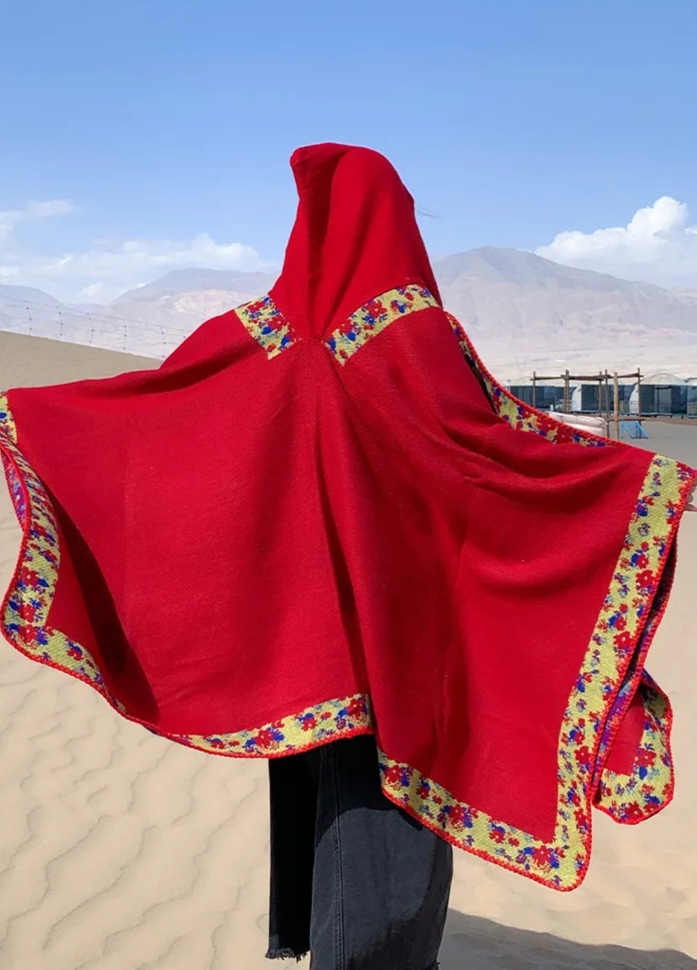 Red Bohemian Hooded Poncho | Soft Cashmere-Feel Wrap