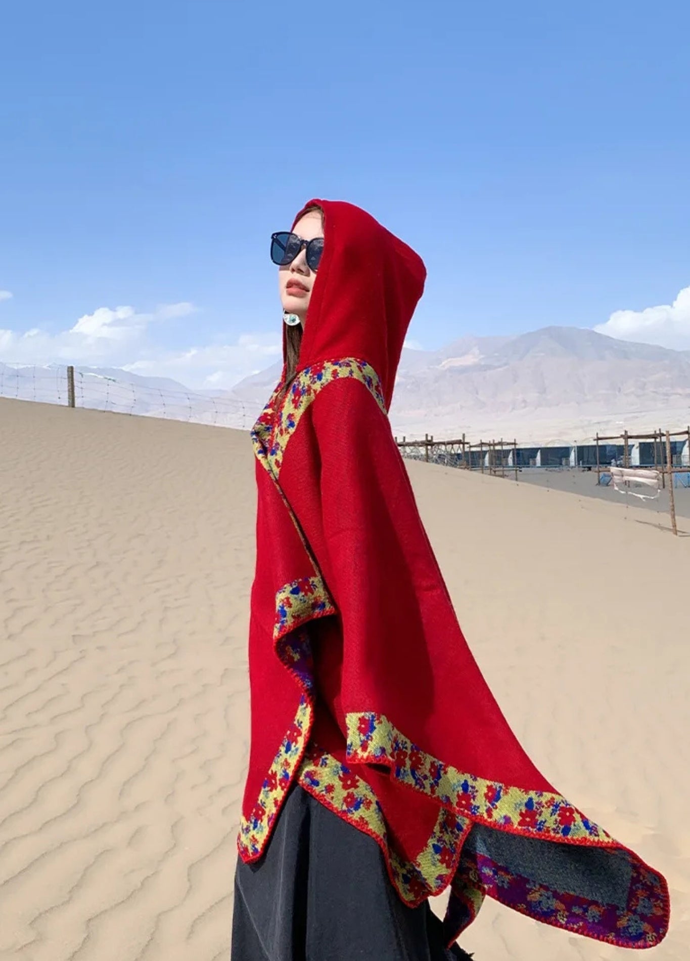 Red Bohemian Hooded Poncho | Soft Cashmere-Feel Wrap