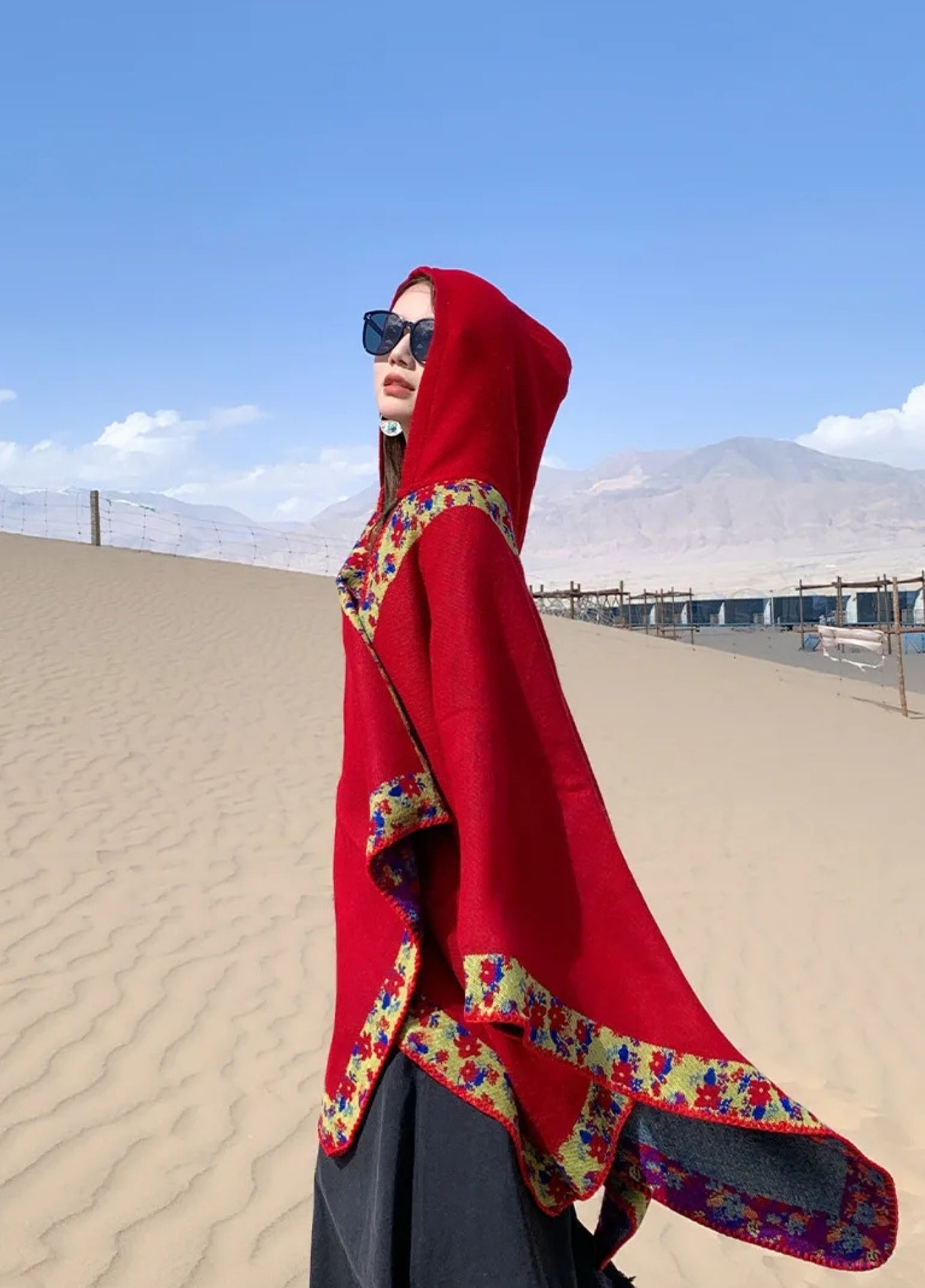 Red Bohemian Hooded Poncho | Soft Cashmere-Feel Wrap