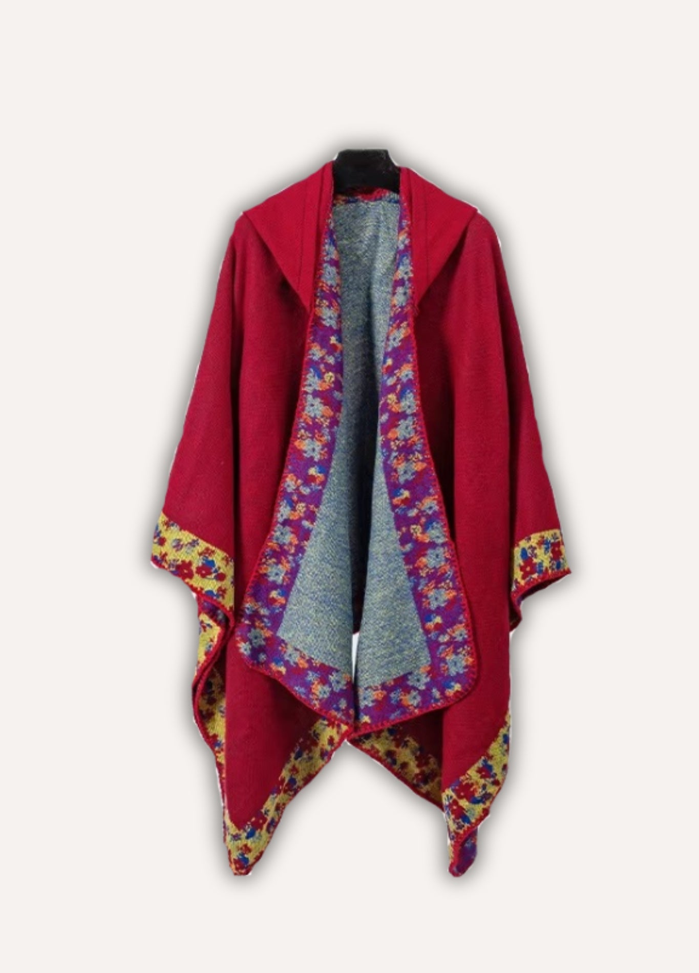 Red Bohemian Hooded Poncho | Soft Cashmere-Feel Wrap