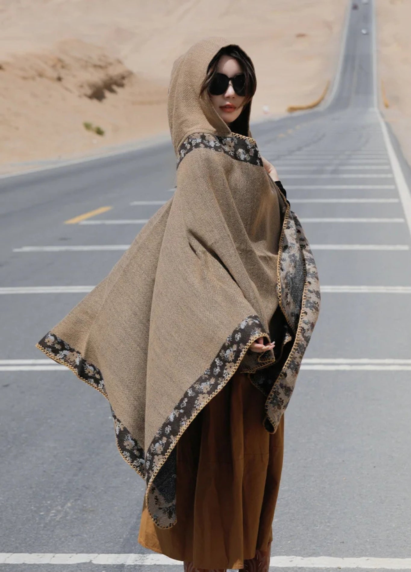 Camel Hooded Bohemian Poncho | Cashmere-Feel Wrap