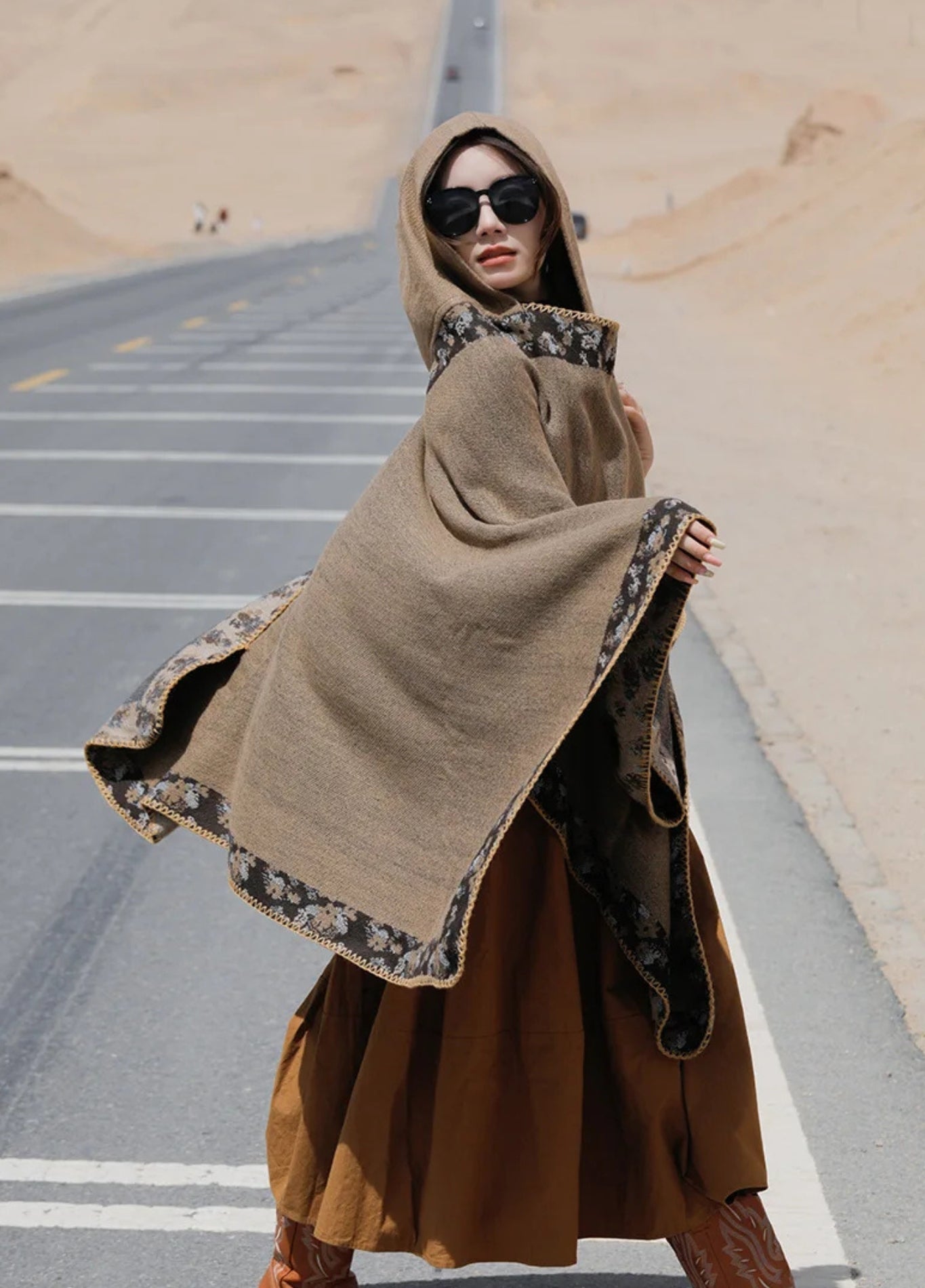 Camel Hooded Bohemian Poncho | Cashmere-Feel Wrap