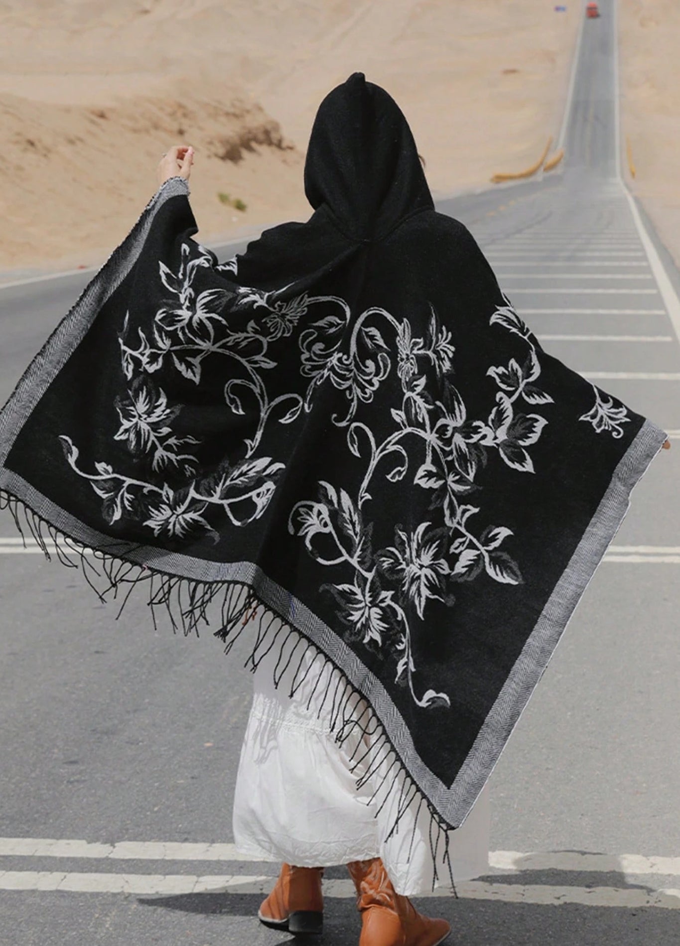 Cashmere Feel Poncho with Floral Embroidery