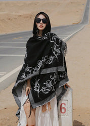 Cashmere Feel Poncho with Floral Embroidery