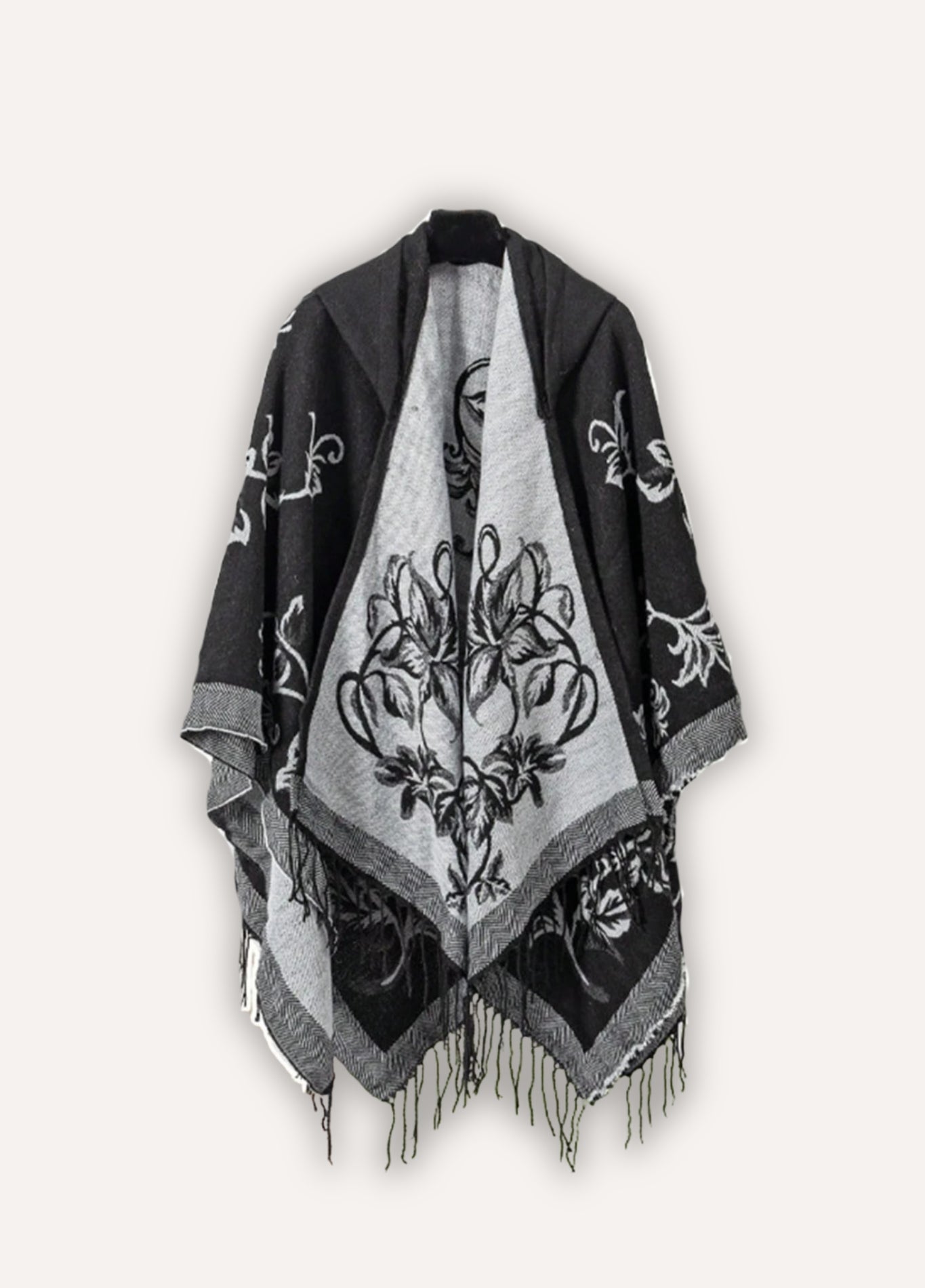 Cashmere Feel Poncho with Floral Embroidery