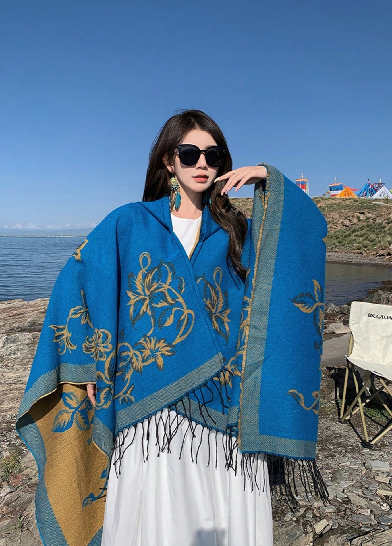 Cashmere Feel Poncho with Floral Embroidery