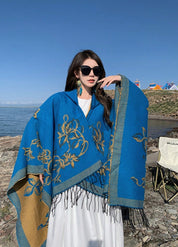 Cashmere Feel Poncho with Floral Embroidery